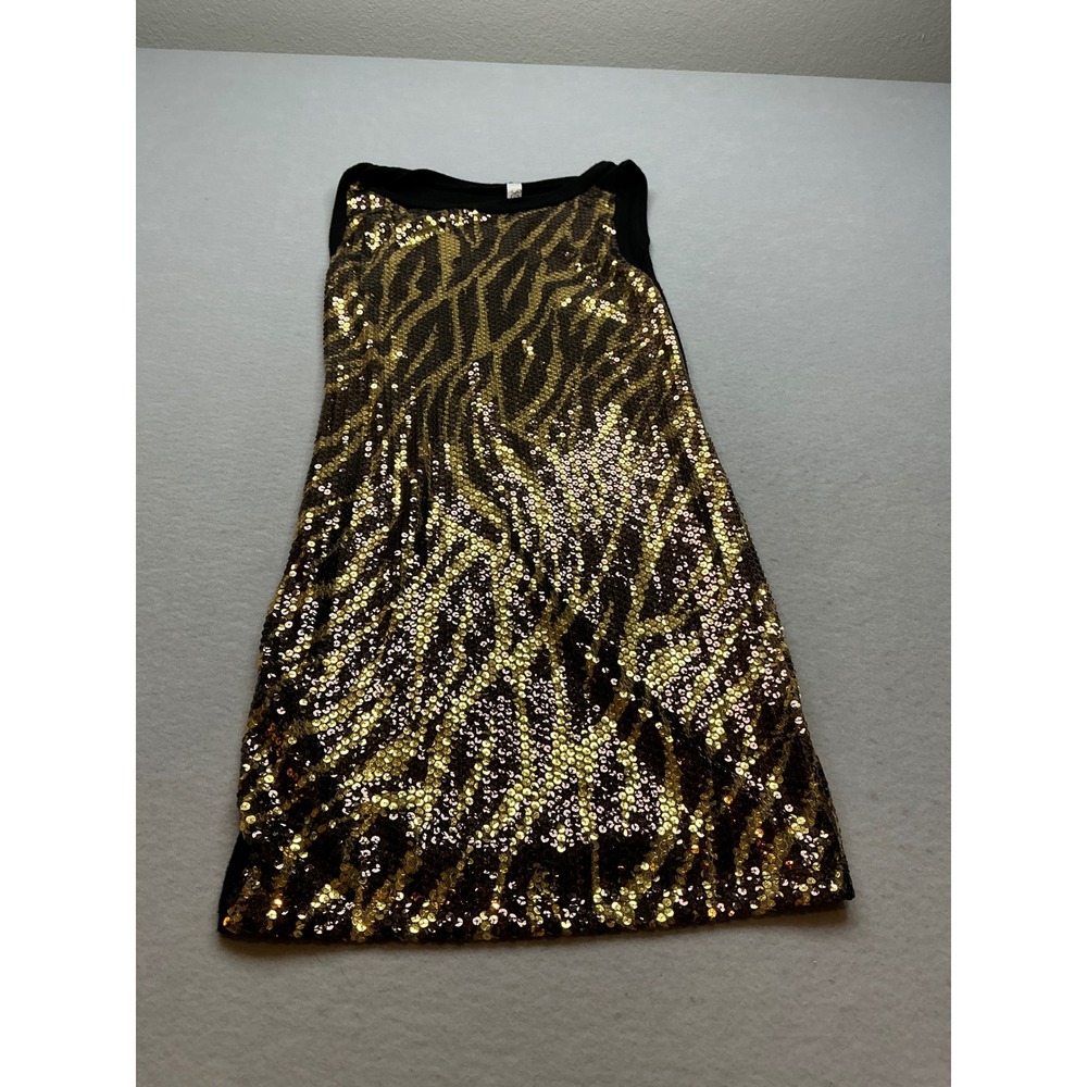 Entro Sequin Zebra Print Mini Dress Gold Black Sleeveless Size S Party‎ Shift